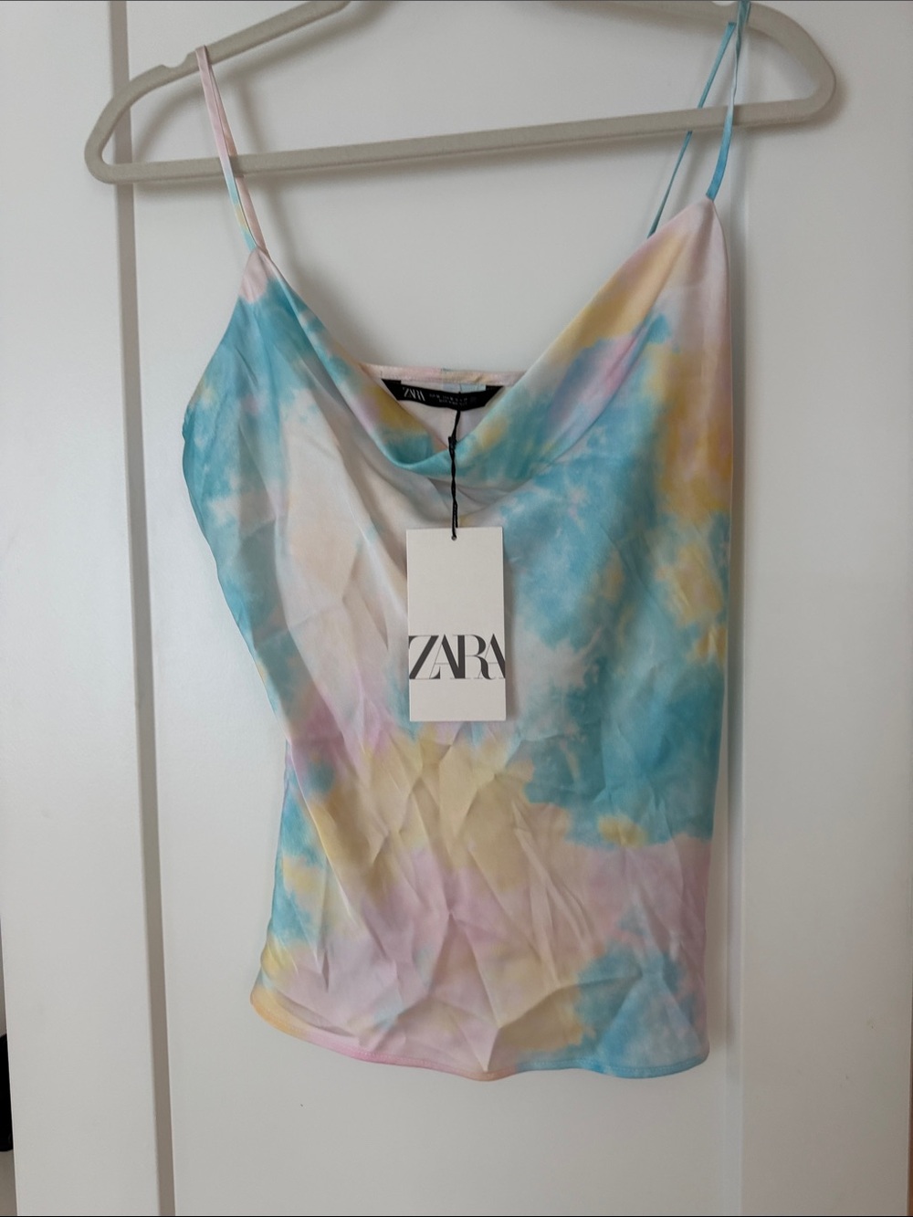 Zara Pastel Tie-Dye Satin Cowl Cami in Blue, Pink & Yellow